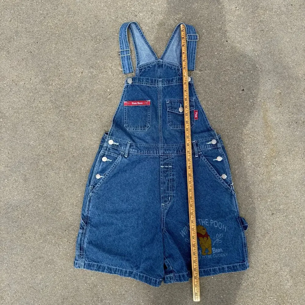 Vintage 90s Y2K Pooh Logo Image Denim Jean Shortalls Overalls Multi Pocket SMALL